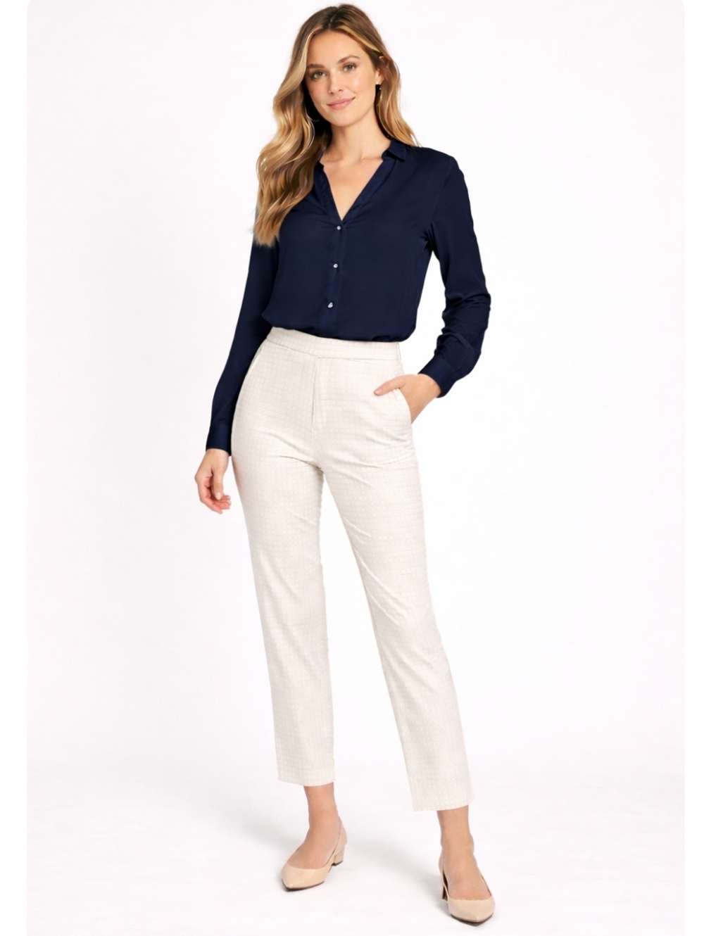 New! RACHEL ZOE Flat Front Pull-On Cream Check Casual Career Ankle Crop Pants 14
